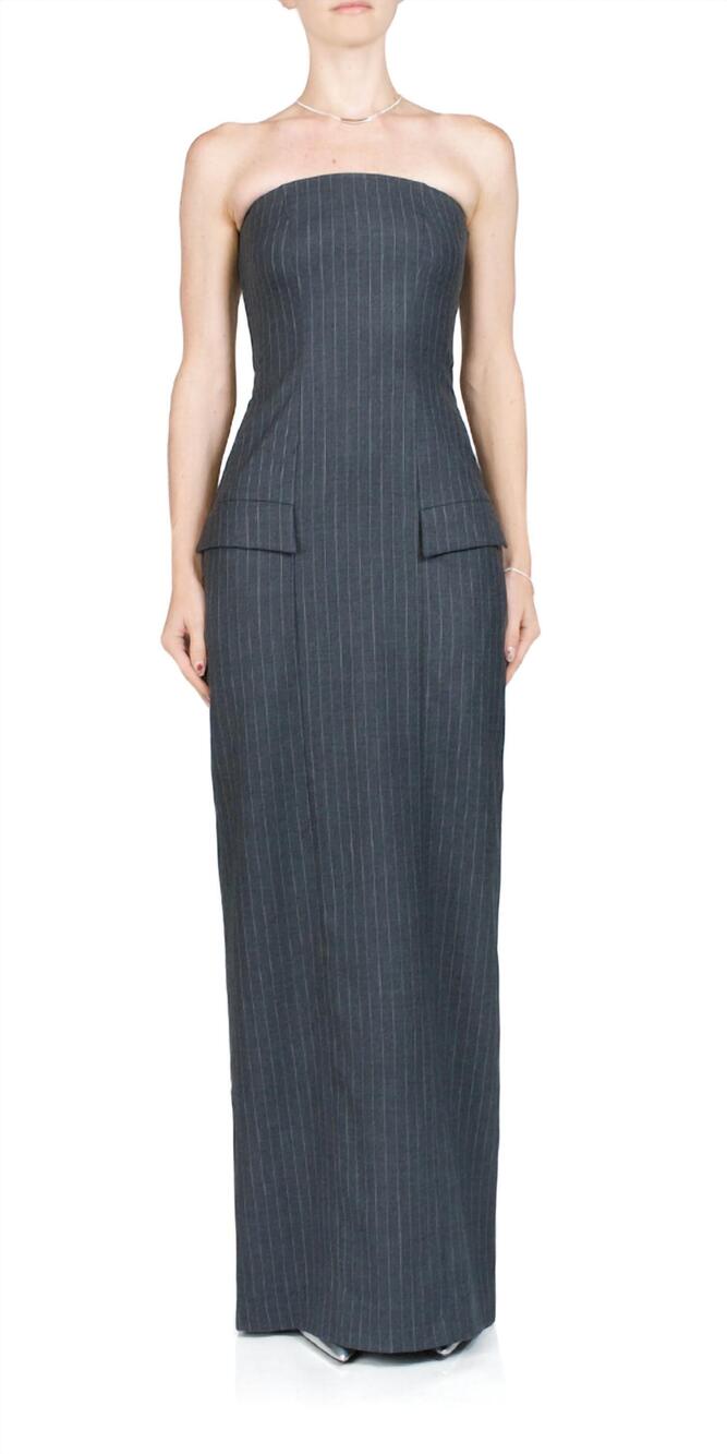 NEW BEC + BRIDGE pine strapless maxi dress in charcoal pinstripe